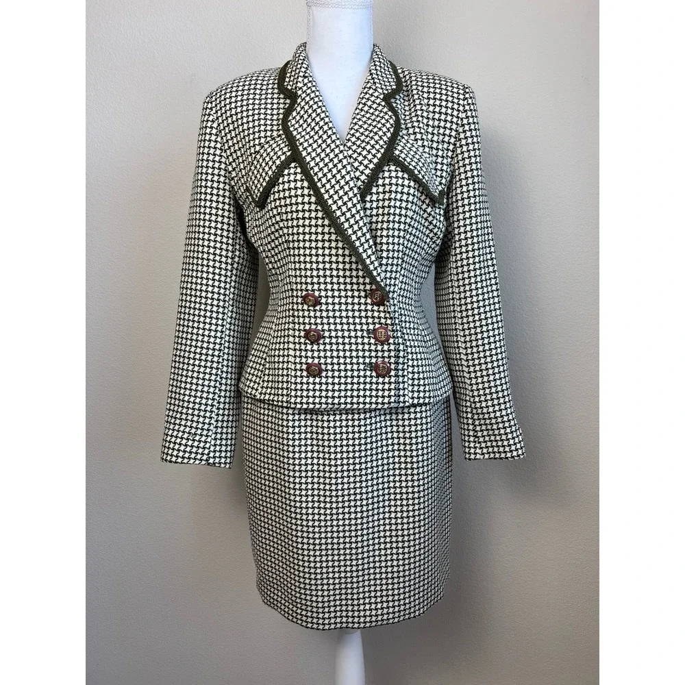 VTG 90s Rina Rossi Houndstooth Skirt Suit Sz 6 Parisian Made USA Career Academia